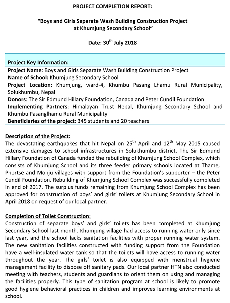 Project Completion Report - Toilet Construction at Khumjung School-1